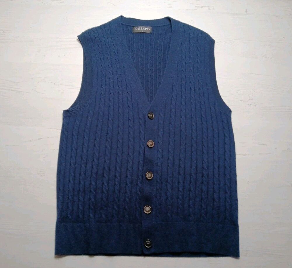 Kallspin V-neck Cable Knit Sweater Vest Blue Men's Small
